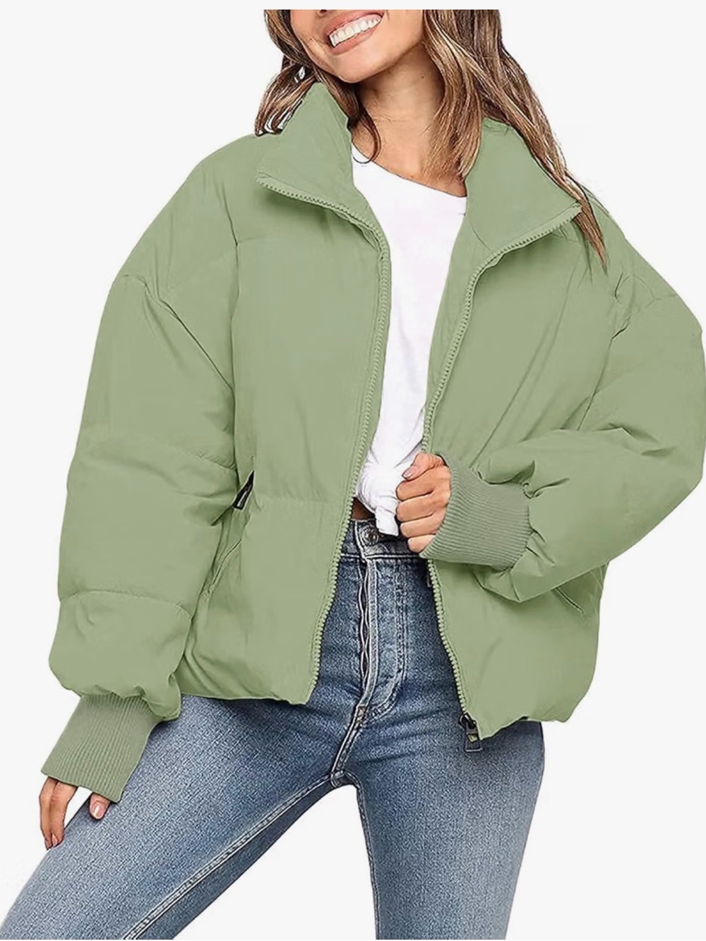 Merokeety Women's Long Sleeve Quilted Baggy Winter Puffer Jacket - Pea Green